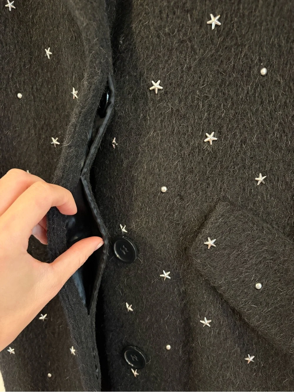 Coach Black Mohair Oversized Star-Embroidered Wool Blend Coat